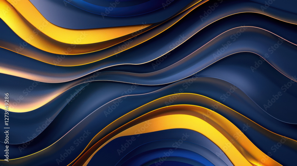 Poster abstract wavy background with blue and gold colors creating depth and movement. smooth curves evoke 
