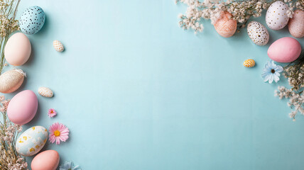 Easter egg frame background on a pastel blue space for copy