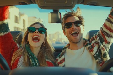 Joyful spouses in sunglasses enjoy driving luxury car, dancing to music and singing, going on vacation on weekend, windshield view