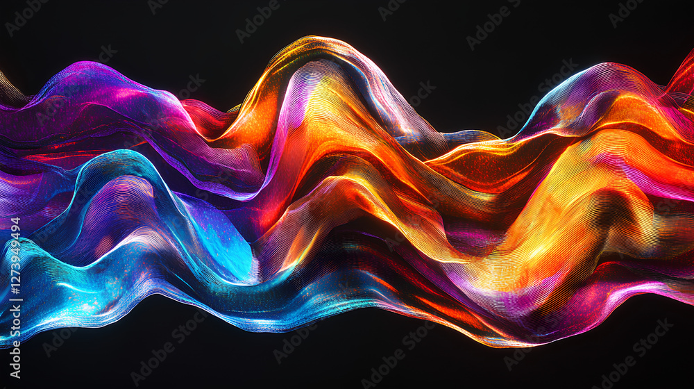 Poster abstract wave lines pattern dynamic colorful light flowing isolated on black background. concept of 