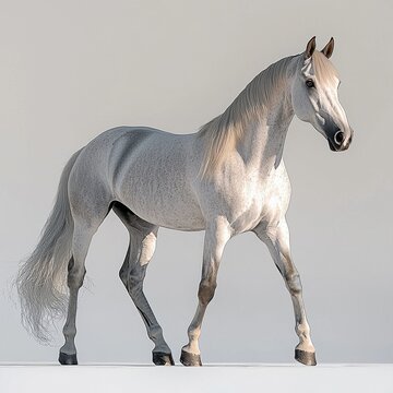 Stunning dapple-grey horse captured in dynamic motion against a minimalist backdrop, emphasizing musculature, grace, and the animal's natural elegance and beauty.