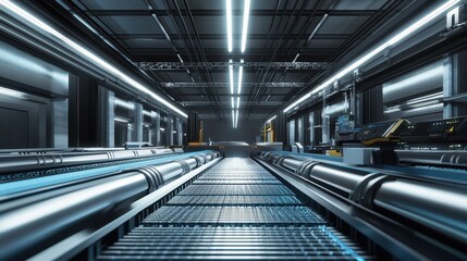 Obraz premium Futuristic Industrial Conveyor System with Neon Lights in a Modern Factory Setting Conveying Innovation and Automation