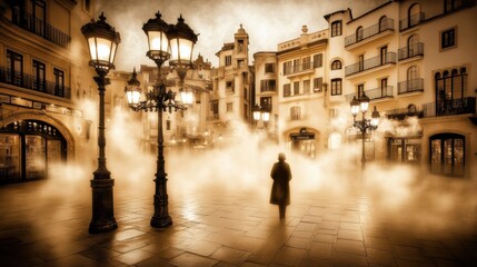 Historic Town Square in Sepia Tones Featuring Foggy Atmosphere and Ornate Street Lamps