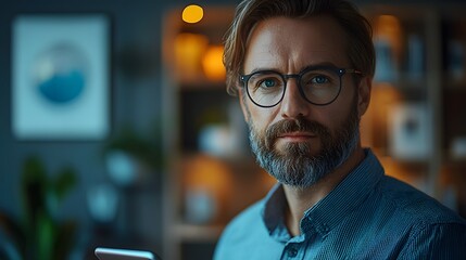 Confident Project Manager Overseeing Balanced Workload on Glowing Tablet in Modern Office