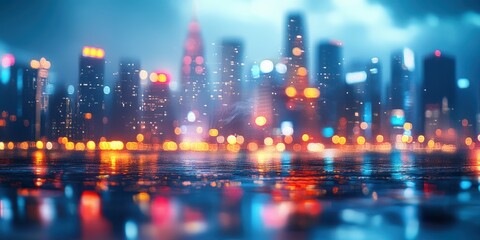 Obraz premium City skyline illuminated by vibrant lights reflecting on wet pavement during a rainy evening