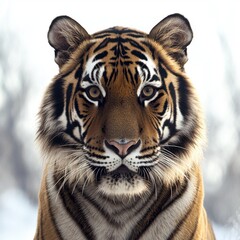 Fototapeta premium A majestic portrait of a Bengal tiger with striking stripes and piercing amber eyes, standing in a snowy, blurred background, showcasing the beauty and power of wildlife.