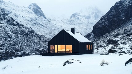 Modern Black Cabin Surrounded by Snowy Mountains in Winter Landscape