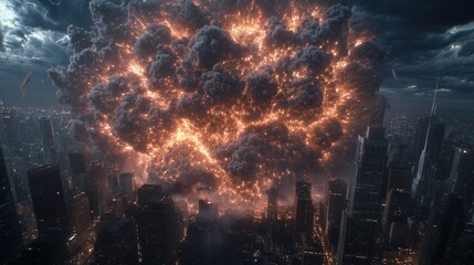 Fototapeta premium Dramatic explosion lights up the skyline of a bustling city at night