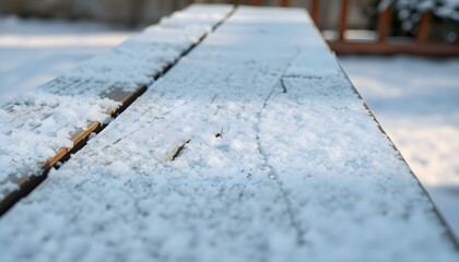 a wooden bench covered in snow on a snowy day