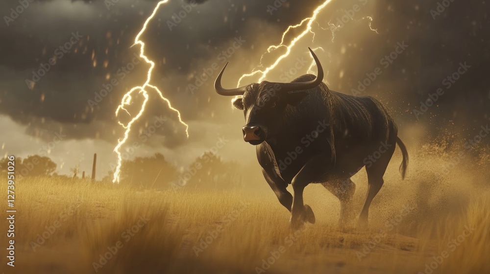 Poster a powerful bull running through a stormy landscape with lightning in the background.