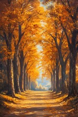 Fototapeta premium Golden Autumn Forest Path Impressionistic Painting with Warm Tones and Natural Light Effect