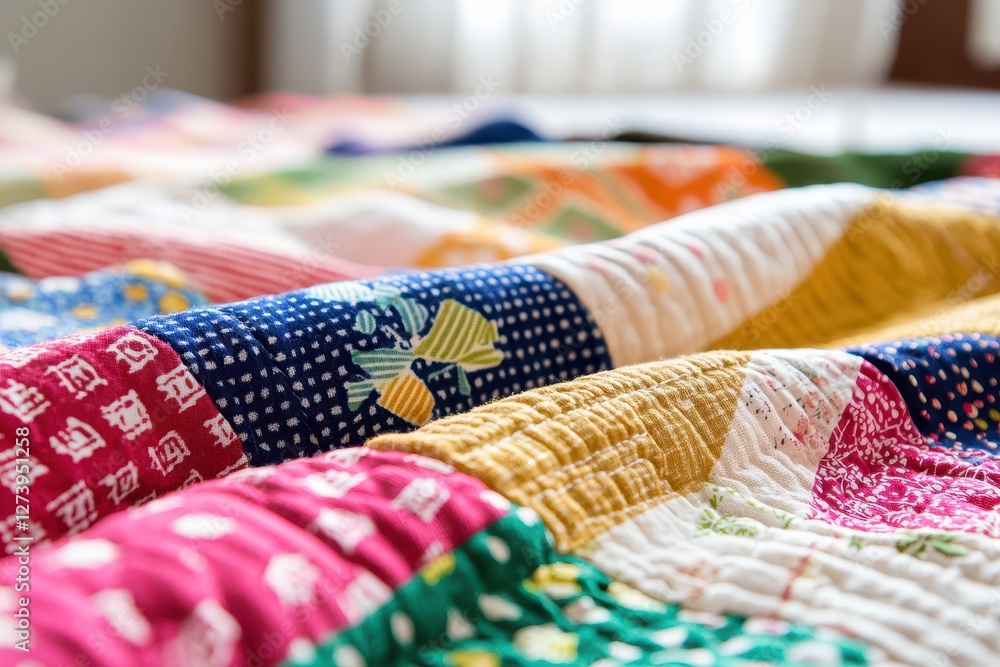 Poster charming patchwork quilt with vibrant colors and intricate patterns evoking warmth and comfort in a 
