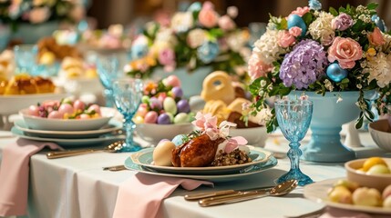 Naklejka premium An elegantly set table for Easter celebration, adorned with colorful flowers, decorated eggs, and delicious traditional food, creating a joyful and festive atmosphere.