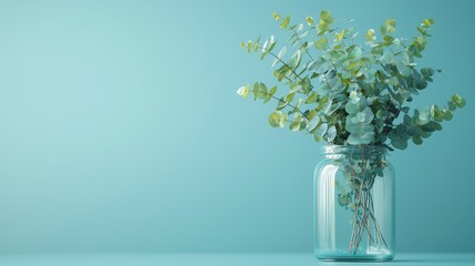 Eucalyptus plant arrangement minimalist decor glass vase soft blue background calm atmosphere nature inspiration