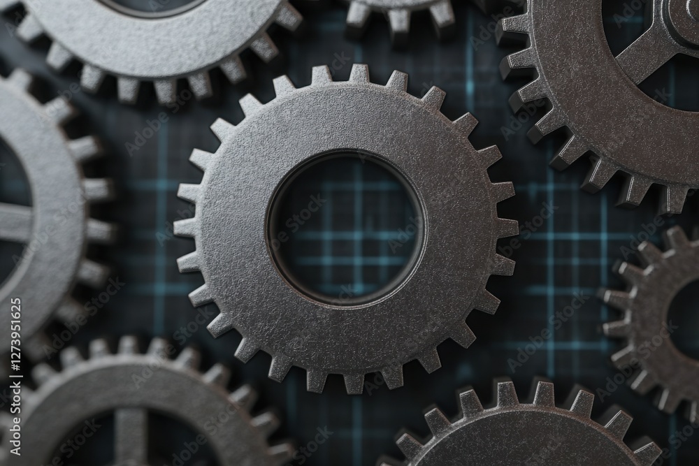 Poster close-up view of metallic gears on a grid background, showcasing intricate designs and mechanical de