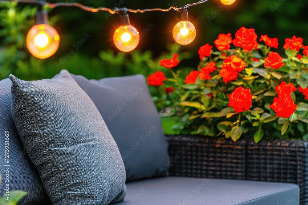 Poster cozy outdoor seating area with string lights and vibrant red roses creating a warm and inviting atmo