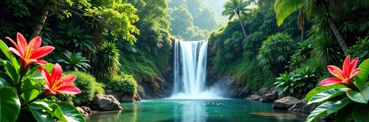 Waterfall amidst lush greenery and exotic flowers, serene landscape, waterfall, exotic plants