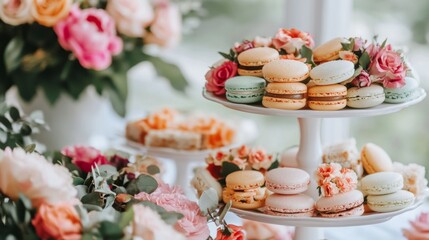 Colorful macarons and flowers on dessert table, wedding reception