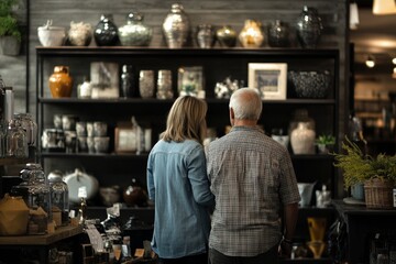 Caucasian mature female and elderly male shopping for home decor in store