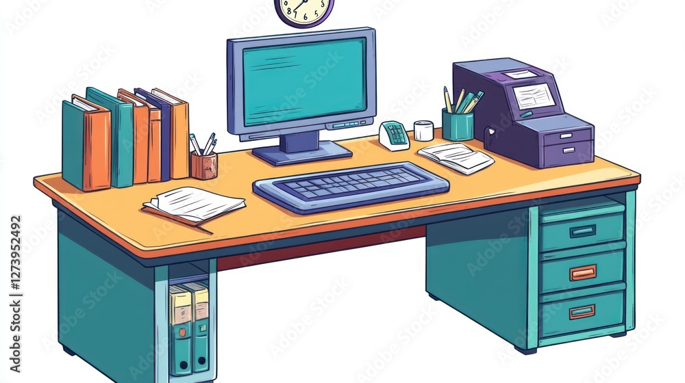 Poster office desk with computer and printer, ready for work