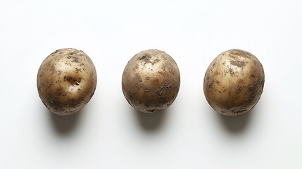 Fototapeta premium Three dirty potatoes arranged in a row on a white background.