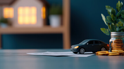 Fototapeta premium Car model and house model with coins on table, symbolizing finance, house and car insurance concepts.