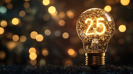 Illuminated lightbulb displaying number 25 against a bokeh background.