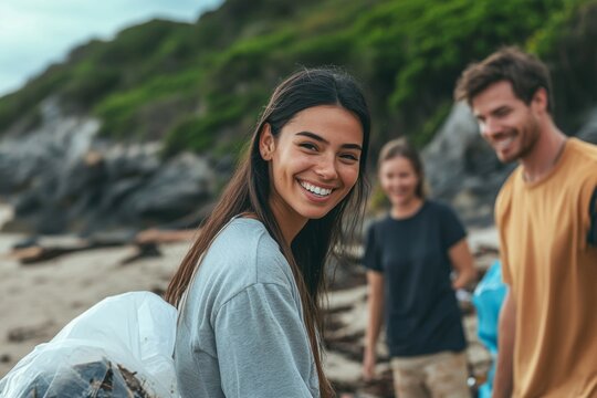 Young caucasian adults volunteering beach cleanup smiling community effort