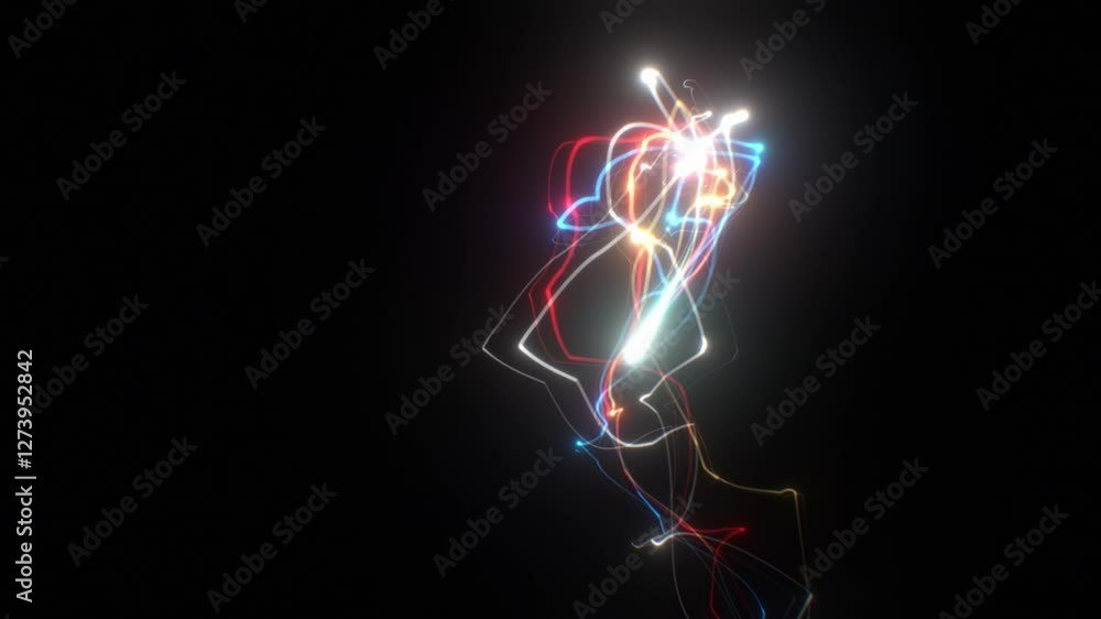 Wall mural stylish color streaks flying on black background seamless. abstract glowing neon trails moving loope
