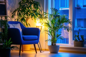 Fototapeta premium Cozy interior with blue armchair lush plants and soft lamp light creating a peaceful and inviting atmosphere for relaxation and comfort