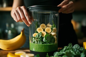 Preparing a fresh green smoothie with spinach and banana ingredients