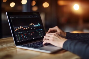 Hands analyzing stock market graph on laptop with rising financial data chart