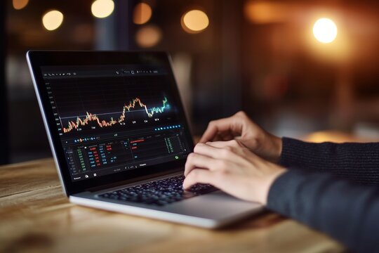 Hands analyzing stock market graph on laptop with rising financial data chart - Powered by Adobe