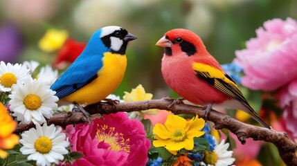 Obraz premium Colorful birds perched on a branch surrounded by vibrant flowers in a garden setting during daylight
