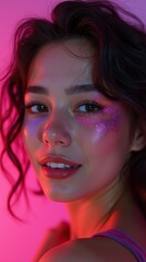 Obraz premium Colorful Bright joyful close-up Portrait with Playful Energy and Expressive Contrast. Youth fashion campaigns, creative branding, music promotion, energetic social media content. Background, Banner