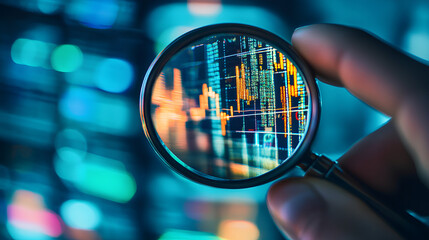 magnifying glass on business performance and economy trends reveals new year opportunities for startup, focus on vision and strategic analysis for success 