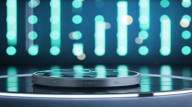 Sleek 3D podium set in a cutting-edge, high-tech auditorium.