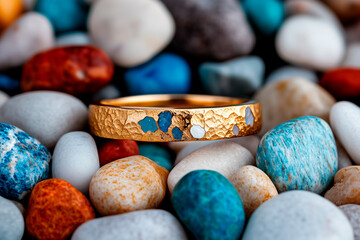Gold Ring with Inlaid Stones on Multicolored Pebbles