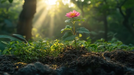 A vibrant sprout emerges from rich soil in a tranquil forest, illuminated by warm sunlight filtering through lush greenery, embodying renewal and potential