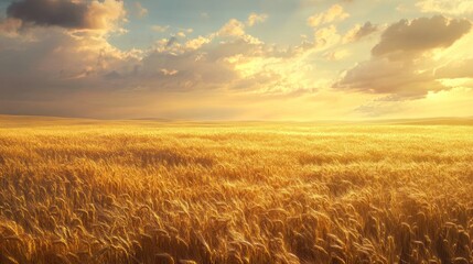 Obraz premium Golden wheat field at sunset, scenic landscape.