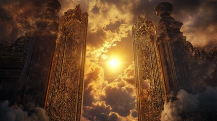 Majestic golden gate opening to a bright sun in a dramatic sky.