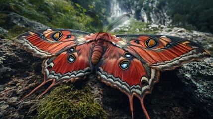 Majestic butterfly with vibrant red, orange, and blue wings perched on mossy rock in lush forest.