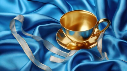 Gold teacup and saucer on blue silk fabric with ribbon.