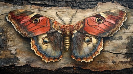 Red butterfly on tree bark.