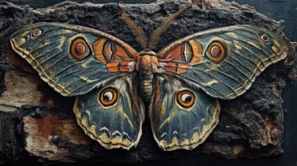 Detailed close-up of a preserved giant peacock moth on dark wood.