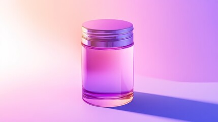 Cylindrical glass bottle with pink liquid and metallic cap on gradient background.