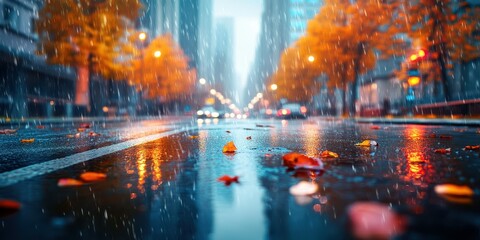 Rainy autumn street with vibrant leaves and glowing city lights at dusk
