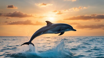 Fototapeta premium Dolphin jumping out of the water with a beautiful ocean backdrop