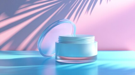Open jar of pale blue cosmetic cream on pastel background with palm leaf shadow.