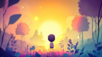 Boy watching sunset in vibrant forest.